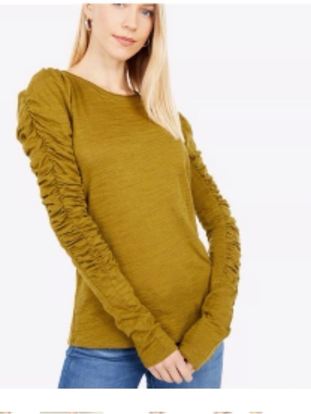 Free People Ruched Sleeve Long-Sleeve Top in Olive Green